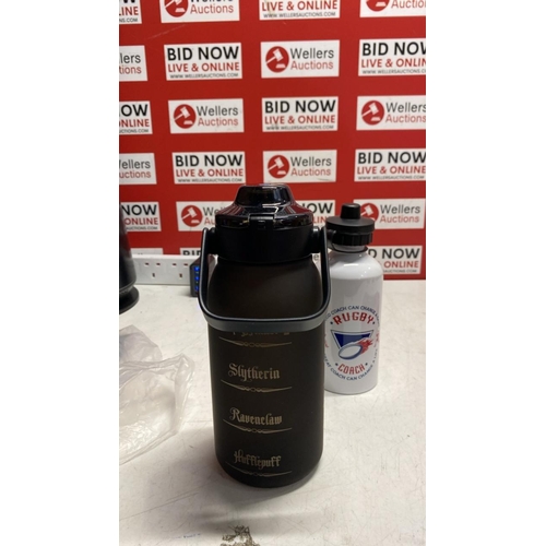 3008 - 2X NEW WATERBOTTLES INC HOGWARTS WATERBOTTLE, RUGBY COACH BOTTLE AND 1X HANDHELD WATER BOTTLE WITH M... 