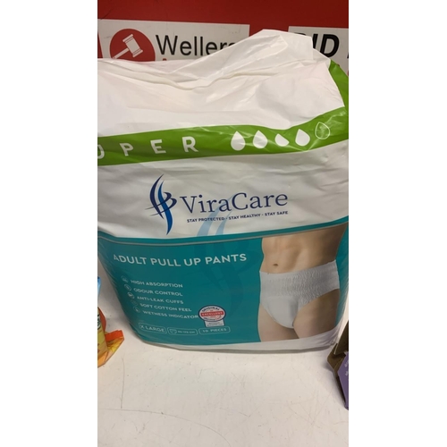 5028 - NEW VIRA CARE ADULT PULL UP PANTS / 10 PCS, NEW HAYFEVER RELIEF WIPES, NEW NAPPY BAGS / 200 BAGS