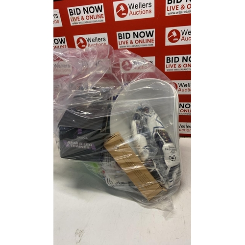 5035 - BAG OF NEW AND PRE OWNED SPORTS ITEMS INC FOOTBALLS, GOGGLES, LARGE CONES, TENNIS BALLS, NEW ARM AND... 