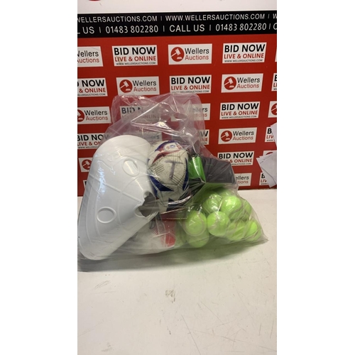 5035 - BAG OF NEW AND PRE OWNED SPORTS ITEMS INC FOOTBALLS, GOGGLES, LARGE CONES, TENNIS BALLS, NEW ARM AND... 