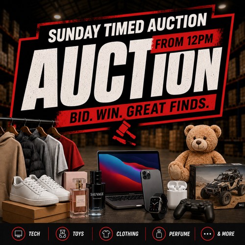 WELCOME TO OUR TIMED AUCTION!

*All goods are “sold as seen” and carry no guarantee or warranty.

*The descriptions and images are a guideline only.

*We do not guarantee that any item is complete with accessories or in full working order. The stock we are selling in the main is unclaimed property and retail returns.

*Please either come and view or submit a condition report.

For payment and collection terms please visit our important sale information.

Happy bidding!