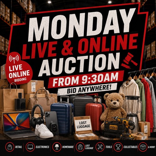WELCOME TO OUR Live and on-line AUCTION!

*All goods are “sold as seen” and carry no guarantee or warranty.

*The descriptions and images are a guideline only.

*We do not guarantee that any item is complete with accessories or in full working order. The stock we are selling in the main is unclaimed property and retail returns.

*Please either come and view or submit a condition report.

For payment and collection terms please visit our important sale information.

Happy bidding!