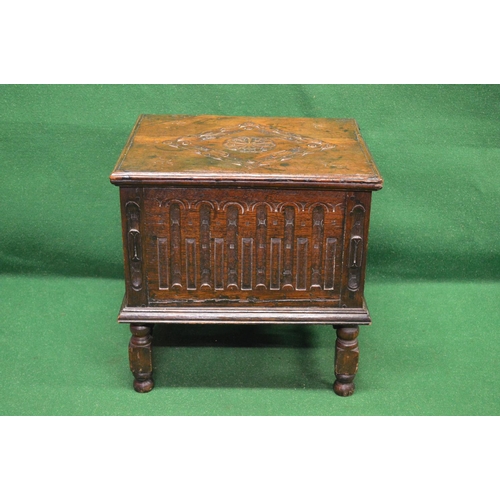 28 - 19th century oak chest the top having carved decoration lifting to reveal storage space, the front a... 