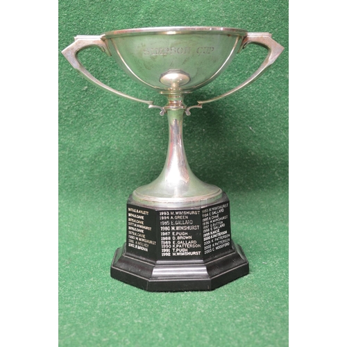 402 - Silver two handled trophy engraved Simpson Cup having a circular footed base, marked for Birmingham ... 