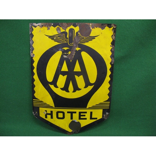 101 - Large Franco enamel chevron shaped AA hotel sign featuring the AA badge and saw tooth edging, black ... 