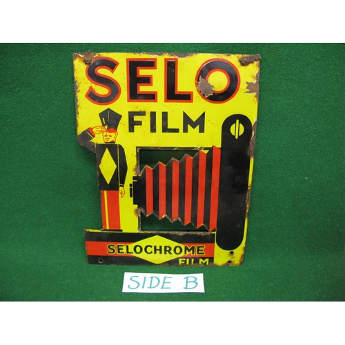 105 - Double sided enamel sign for Seloch Rome Film featuring a vintage camera image, a saluting man and c... 