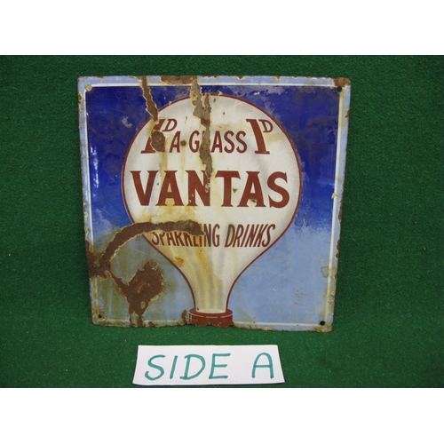 122 - Enamel advertising sign for Vantas Sparkling Drinks - 1D A Glass, red letters on a white and blue gr... 