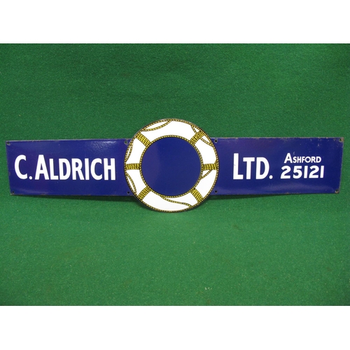 124 - Enamel sign for C Aldrich Ltd, Ashford 25121, featuring a central life buoy, white letters on a dark... 