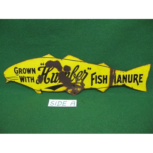 126 - Fish shaped enamel advertising sign Grown With Humber Fish Manure, black letters on a yellow ground ... 