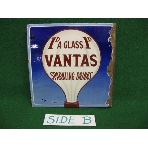 129 - Double sided enamel advertising sign for Vantas Sparkling Drinks 1D A Glass, red letters on a white ... 