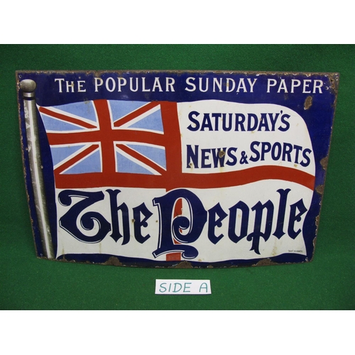 133 - Enamel advertising sign for The People - The Popular Sunday Paper - Saturday's News & Sports, blue a... 