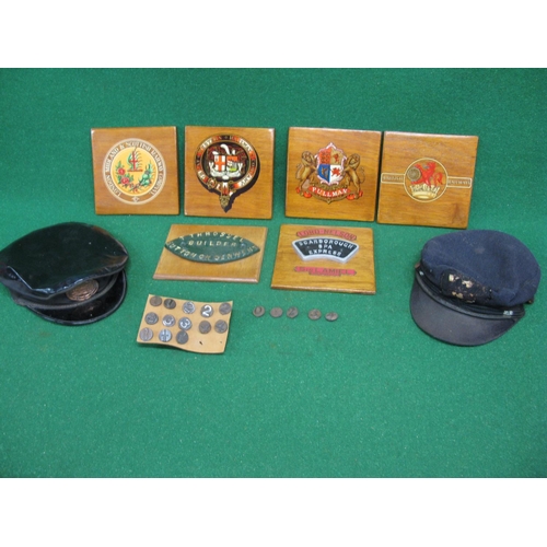 162 - Quantity of varnished wooden plaques displaying railway company crest transfers, name plate miniatur... 