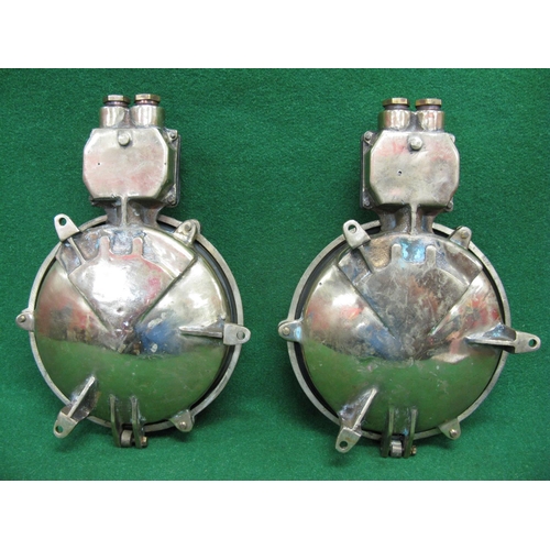 184 - Pair of heavy brass wall or ceiling mounted ships light fittings with opaque glass bowls and enamell... 