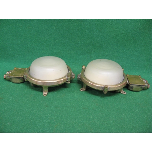 184 - Pair of heavy brass wall or ceiling mounted ships light fittings with opaque glass bowls and enamell... 