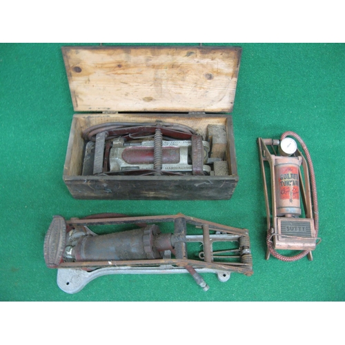 19 - Three old British foot pumps to comprise:Wood-Milne in its travel box, the Aerograph and a Sutty gol... 