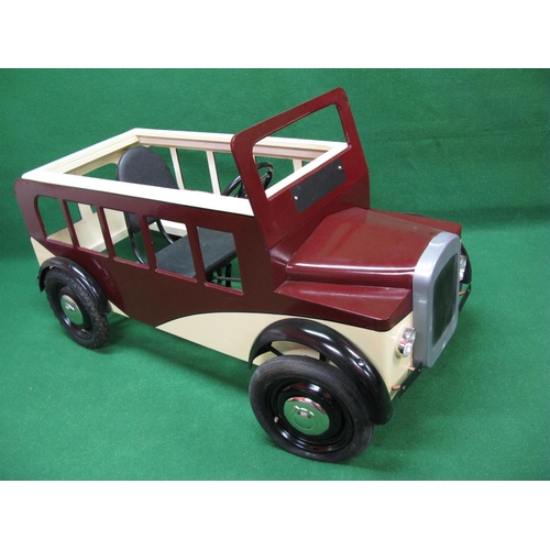 208 - Bespoke wooden bodied pedal bus with pneumatic tyres, proper seat and chain drive, in maroon and cre... 