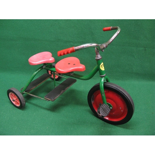 211 - 1994 Bruderhof tricycle of robust construction with green tubular steel frame, two red plastic seats... 