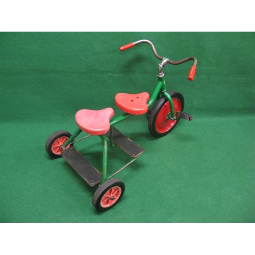 211 - 1994 Bruderhof tricycle of robust construction with green tubular steel frame, two red plastic seats... 