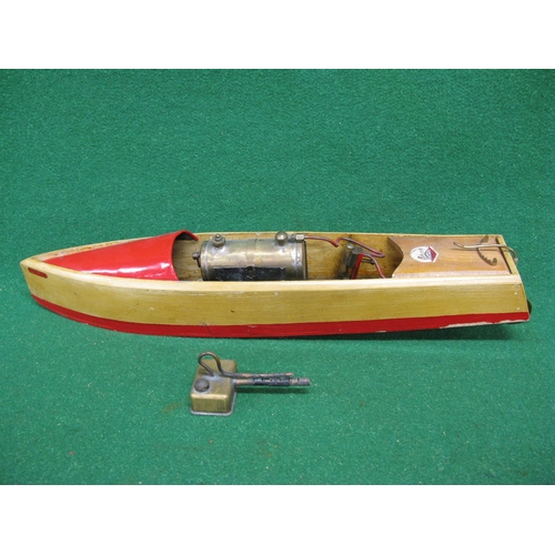 219 - Bowman, wooden live steam boat Swallow - 4'' long boiler with spirit burner powering a propeller via... 