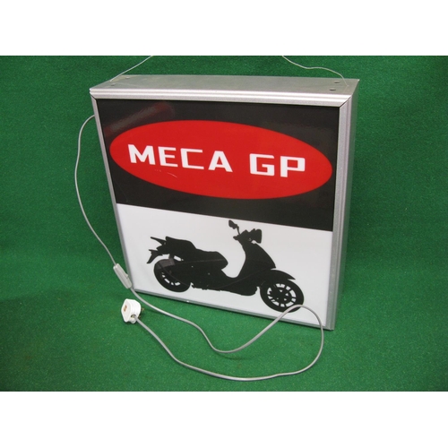 43 - Metal framed one sided illuminated advertising sign for Meca GP incorporating a silhouette of a mode... 