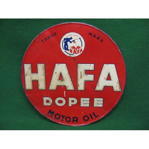 82 - French circular embossed tin sign for HAFA Dopee Motor Oil Une Sevle Goutte! Mais HAFA, blue and whi... 