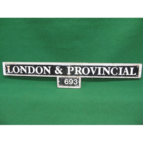 86 - Aluminium sign for London & Provincial and folded aluminium slot with individual numbers 693 contain... 