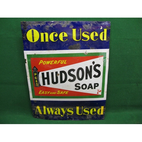 89 - Large enamel sign for Hudson's Soap, Powerful, Easy And Safe, Once Used Always Used, black and yello... 