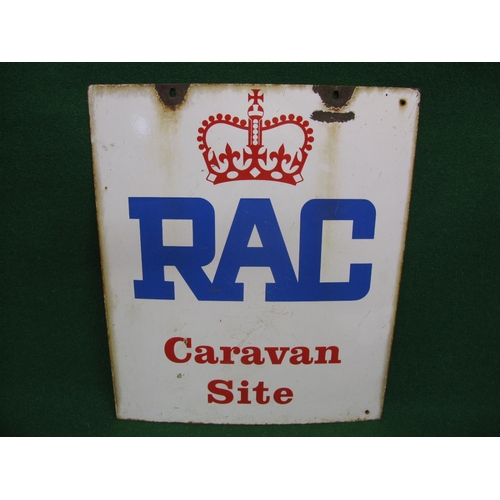 90 - Double sided enamel sign for RAC Caravan Site, red and blue letters on a white ground and featuring ... 