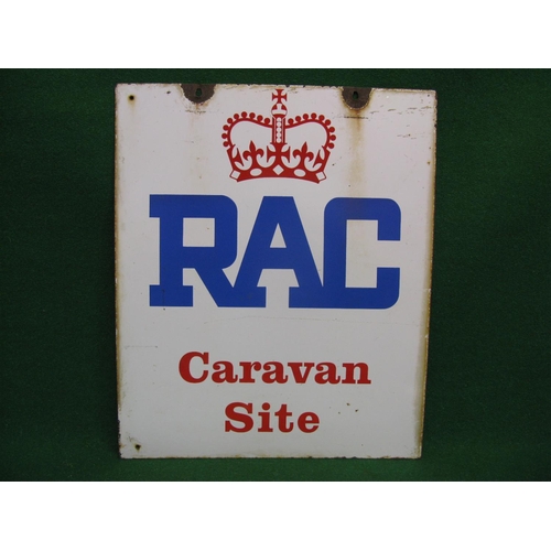 90 - Double sided enamel sign for RAC Caravan Site, red and blue letters on a white ground and featuring ... 