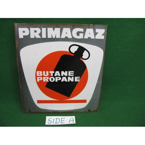 99 - Double sided enamel sign for Primagaz Butane, Propane, featuring a black gas bottle on a red, white ... 