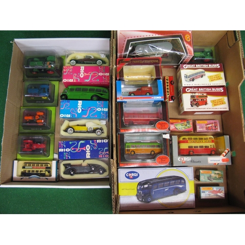 237 - Two boxes containing twenty three items of mostly boxed diecast model cars, buses and tractors by Co... 