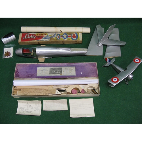 268 - Part built Vernon Sabre aircraft kit with box and plans, an engine-less built Nieuport model bi plan... 