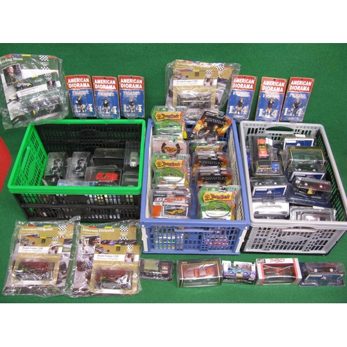 269 - Three crates of approx eighty items of boxed 1:43 and 1:64 scale model metal and/or plastic cars and... 