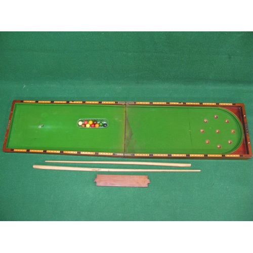 277 - Victorian mahogany folding Bagatelle game with ten balls and two cues - 72'' x 17'' when open