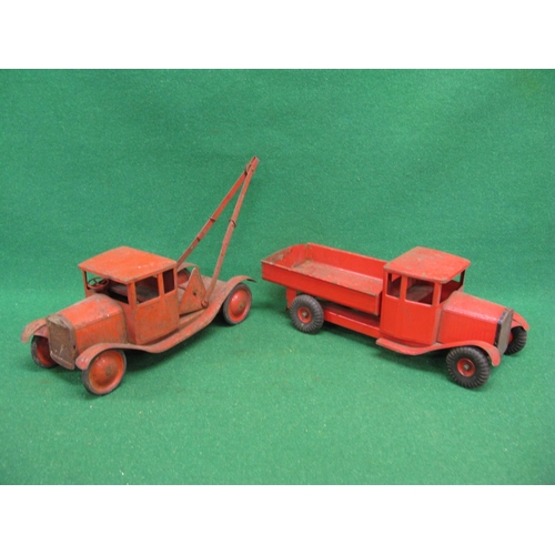 287 - Triang tinplate crane and tipper trucks, both in red livery - average length 18'', playworn