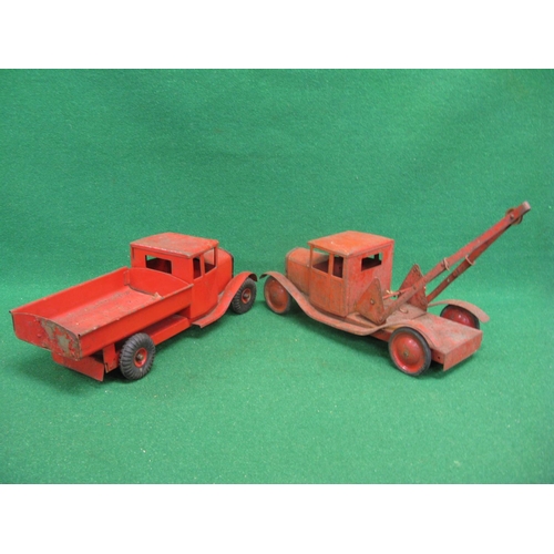 287 - Triang tinplate crane and tipper trucks, both in red livery - average length 18'', playworn