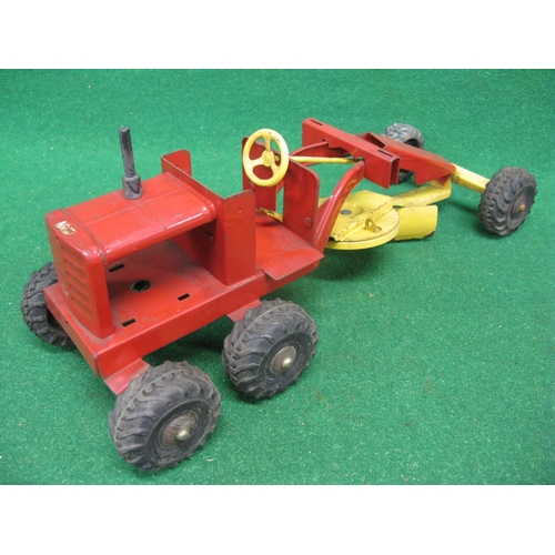 289 - Triang tinplate six wheel grader with working steering and adjustable dozer blade, finished in red a... 