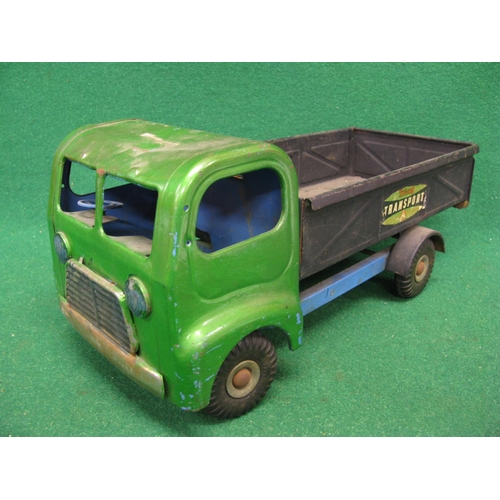 290 - Triang tinplate four wheel tipper truck with green painted cab, blue chassis and black tipper body -... 