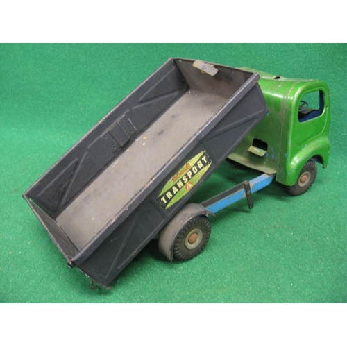 290 - Triang tinplate four wheel tipper truck with green painted cab, blue chassis and black tipper body -... 