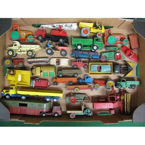 293 - Box of Dinky and Corgi diecast vehicles to include: two Muir-Hill dumpers and a Motocart, all playwo... 