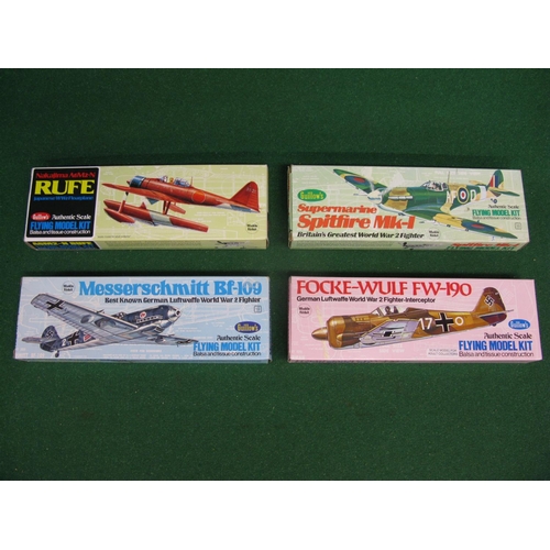 323 - Four flying balsa and tissue model aircraft kits made by Guillows, USA to comprise: Messerschmitt BF... 