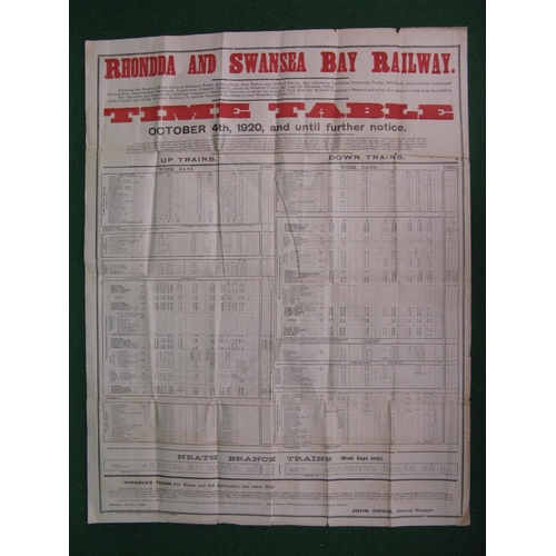 117 - Rhondda & Swansea Bay Railway original large wall poster timetable dated 4th October 1920 Until Furt... 