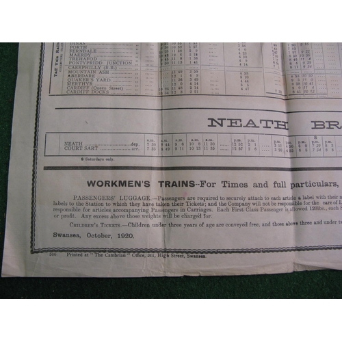 117 - Rhondda & Swansea Bay Railway original large wall poster timetable dated 4th October 1920 Until Furt... 