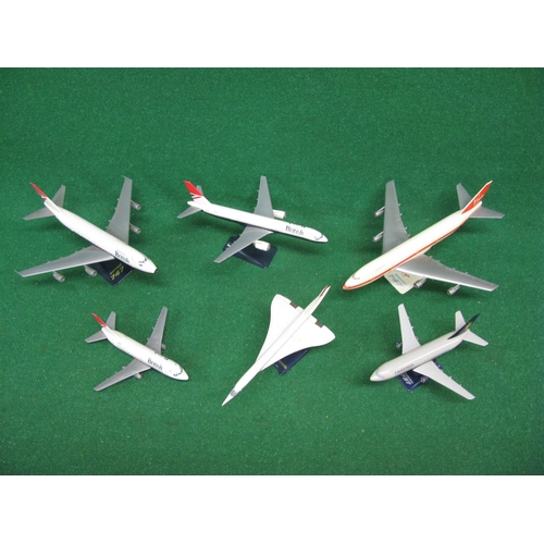 120 - Six plastic airliner models to include: Boeing 737, 747, 757 and Concorde in British Airways, virgin... 