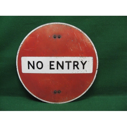 128 - Large circular red aluminium No Entry road sign with raised white border, central panel and black le... 