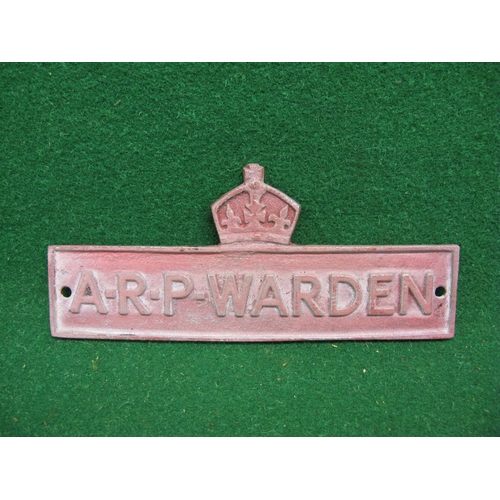 134 - Cast aluminium door sign ARP Warden with raised letters and border topped with a crown - 8