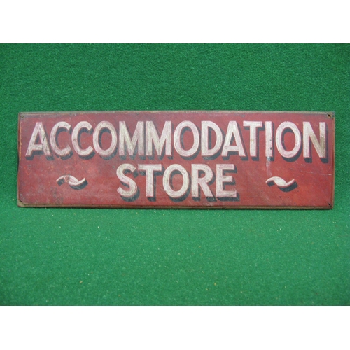 136 - Plywood hand painted set prop sign Accommodation Store, black shaded white letters on a red ground -... 