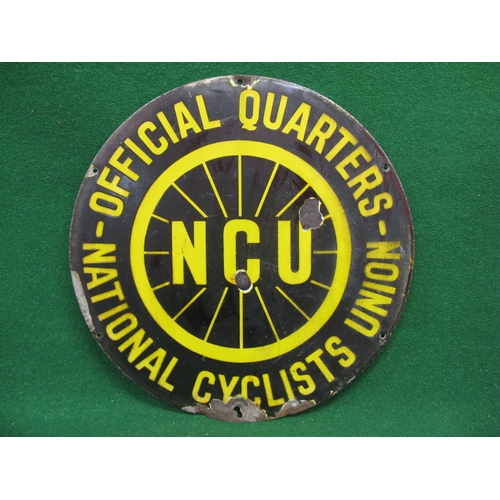 142 - Circular enamel sign for National Cyclists Union-Official Quarters featuring a spoked wheel with NCU... 