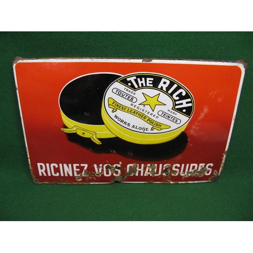 145 - Foreign enamel sign for The Rich Finest Leather Polish featuring an open polish tin, in black, white... 