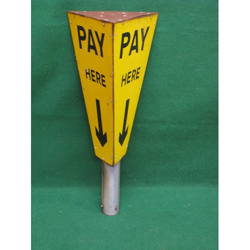 156 - Three sided metal pole mounted Pay Here car park sign, black letters and arrow on a yellow ground - ... 